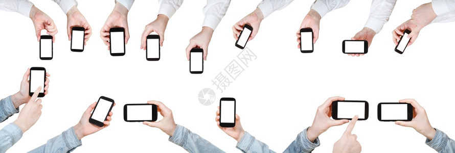 一组手持机的商人用白色背景隔离的剪掉屏幕图片