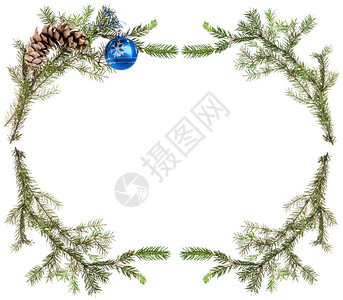 圣诞节贺卡框带锥和白底蓝球的树枝图片