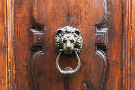 前往意大利佛罗伦萨市旧木门的狮子头图片