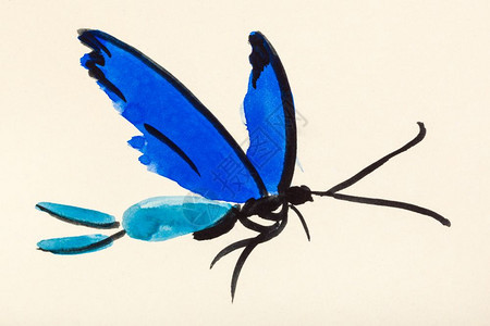 用水彩漆色涂料用纸涂上蓝翅膀的飞蝴蝶用蓝翅膀涂上黄油彩纸图片