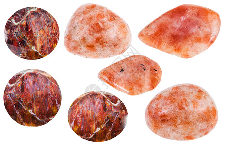 各种天然矿物抛光的安第斯太阳石流利宝系列在白色背景上分离图片