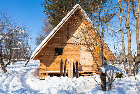 在俄罗斯摩伦克地区阳光明媚的冬季日子里小木屋和大滑雪图片