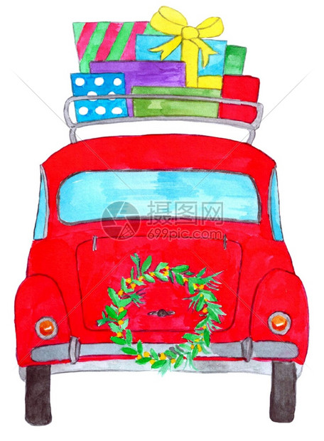 带圣诞礼物的回装车在旧式行李架上手工油漆水彩色图片