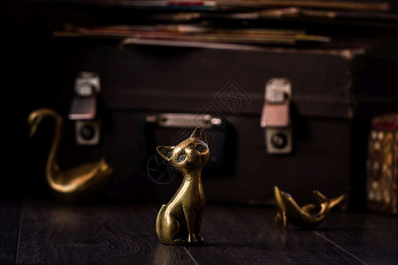 小奶猫古老的猫海豚和棕色背景的天鹅黄铜雕像背景