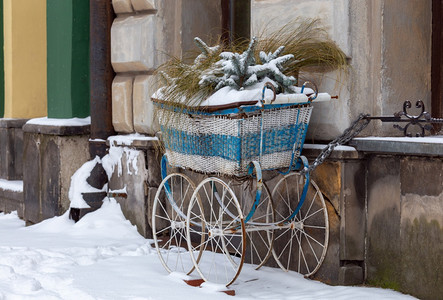 冬雪天市场广场上的花坛推车波兹南波兰波兹南冬日的市场广场图片