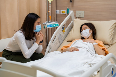 韩国东山医院新楼妇女到医院看病在的床上照顾女病人们必须戴医疗面具