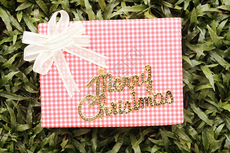 圣诞快乐节日礼物概念圣诞节或新年等绿色草坪和黄金文本的粉红礼品盒图片