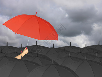 红伞手握着周围环绕黑色伞关于管理商业念的概关于雨云背景图片