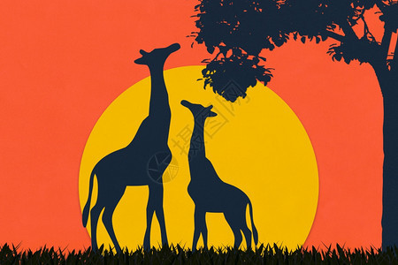 Giraffe和树由画纸制成以光影风格制作纸艺术野外日落图片