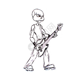 五弦贝斯卡通他手上拿着一把吉他用黑笔画的纸上摇滚吉他手背景