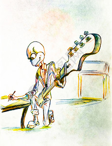 五弦贝斯卡通Umorik吉他写了一首歌在纸上彩色铅笔画Umorik吉他写了一首歌在纸上彩色铅笔画背景
