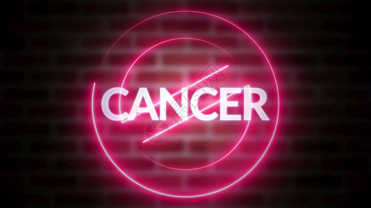 CANCER字在砖块背景下的3D字拼写计算机生成的铁质框架符号用荧光激灯停止3D字拼写在砖块背景下的CANCER文本计算机生成的背景图片