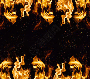亮燃烧的橙色火焰黑背景的火花横旗完整框架图片