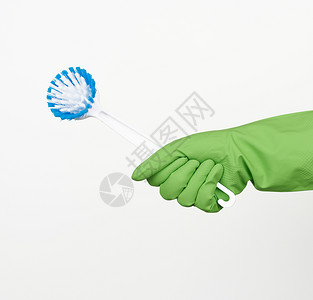 手持白塑料清洁刷手持保护绿色套白底图片