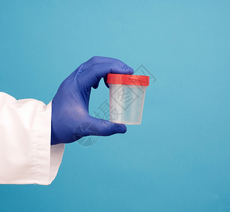 穿着白外套的医生拿着一个空塑料容器用于尿液标本并戴着蓝色消手套图片