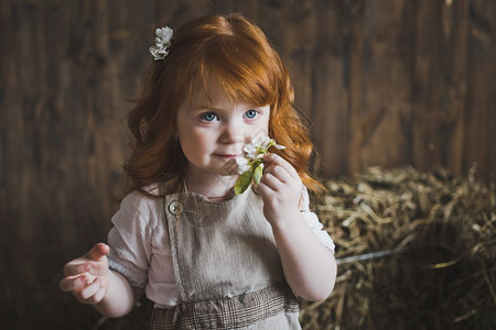 红色头发和鲜花的小女孩近距离肖像红色头发孩子的肖像白花614背景