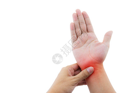 手腕疼痛的雄近视白色背景的孤立背景图片