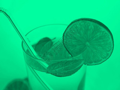 绿色单铬酒精鸡尾杯中含石灰水果片和薄荷叶图片