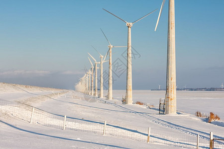 荷兰冬季风景雪田和力涡轮机图片