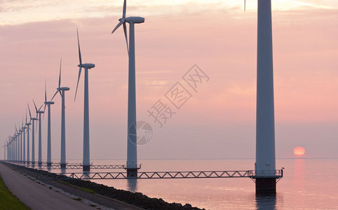 沿海岸日落的荷兰风力背景图片