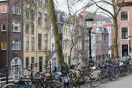 荷兰城市乌得勒支有自行车和古老历史房屋图片