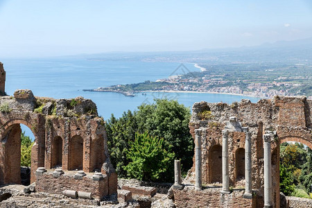 古希腊塔尔米纳市古希腊剧院西里岛和地中海南面有全景图片
