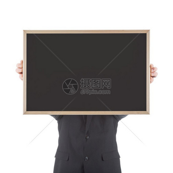 商人在头前拿着空纸板在白背景上被孤立图片