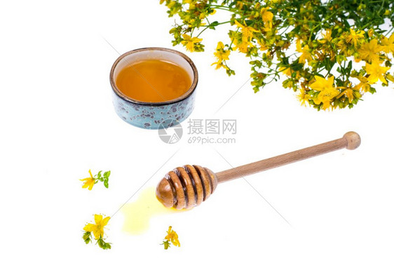 药用植物的糖浆和蜂蜜工作室照片图片