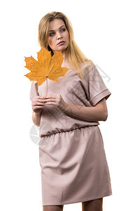 时尚的秋天长发金女孩手握着秋天干燥的绿叶秋天季节和预测概念图片