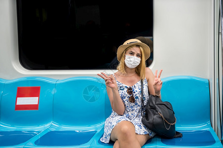 戴着防护面罩的快乐美女的肖像在新冠或冠状爆发期间独自坐着带着爱的心的手势和微笑保持社交距离戴着医用口罩的快乐美女画像背景图片