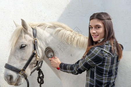 微笑着的年轻女骑手梳白马图片