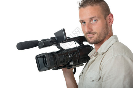 一个拥有专业摄像头的男人孤立在白色背景上图片