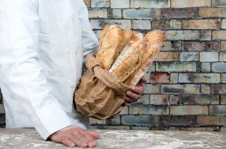 厨师橘棕色花猫a面包师持有传统法国面包背景