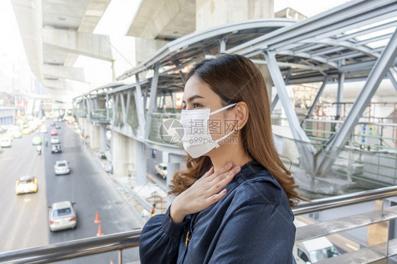 身戴防沙面罩的美丽女子保护空气污染图片