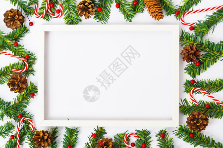 新年快乐圣诞节日顶视天窗平板装饰白色背景的图片框并附上文字版面的复制空间图片