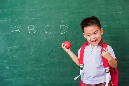 黑板上的数据图可爱小男孩穿着校服站在绿色校黑板上微笑背景