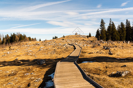 在奥地利格拉茨的Schockl山顶处的木质路径通往观测点山景在奥地利格拉茨的Schockl山顶处的木质路径通往观测点图片