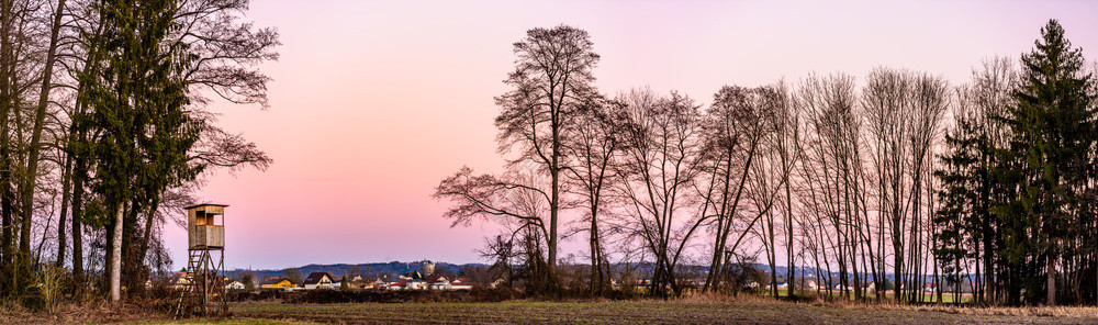 全景和狩猎塔色在日落后的乡村风景中与粉色天空相对鹿站在奥地利的泽特林格拉茨附近狩猎概念图片