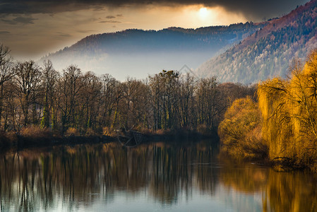 河岸的树木欧洲施蒂里亚的穆尔河早晨全景秋天的冬季风景福吉的早晨秋天冬季风景图片