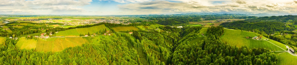 在葡萄酒国南部施蒂里亚酒国南部与莱布尼茨为背景的绿山和葡萄园空中全景Kogelberg旅游点与莱布尼茨为背景的绿山和葡萄园空中全图片