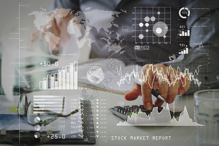 投资者分析报告和仪表板并配有商人从事财务工作图片