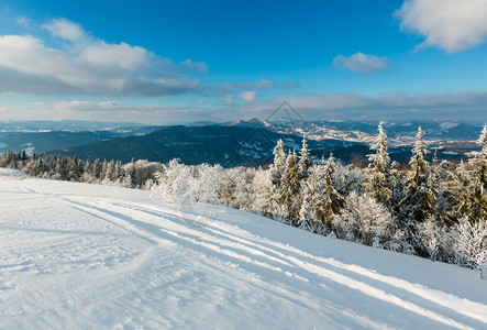 上午清晨冬季平静的山地景观坡上有美丽的霜冻树木和滑雪跑道穿过山坡上的雪地漂流乌克兰喀尔巴阡山图片