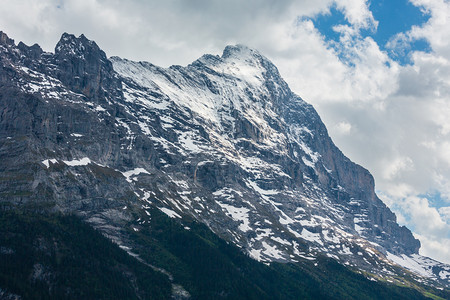 SummerAlps山脉地貌坡上有森林雪覆盖了瑞士的岩石顶部图片