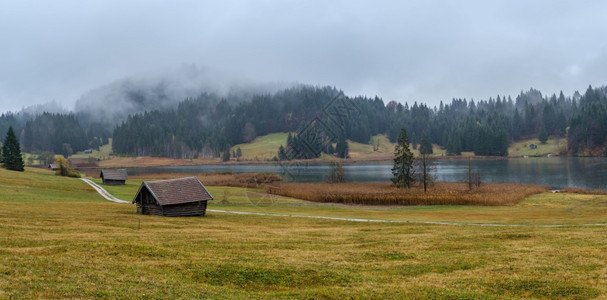 AlpineLakeGeroldee或WagenbruuchseeBavaria德国巴伐利亚秋天雾和细雨的一天图片穿梭季节天气农图片