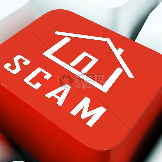 属scamHoax关键与抵押或房地产欺诈有相似之处住宅产权不动Swindle3d说明在蓝色展示房地产或租赁中房屋符号计算机键图片