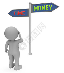 时间Vs货币迹象与自由或退休时的收入对比退出并过上轻松的生活或努力工作3d插图图片