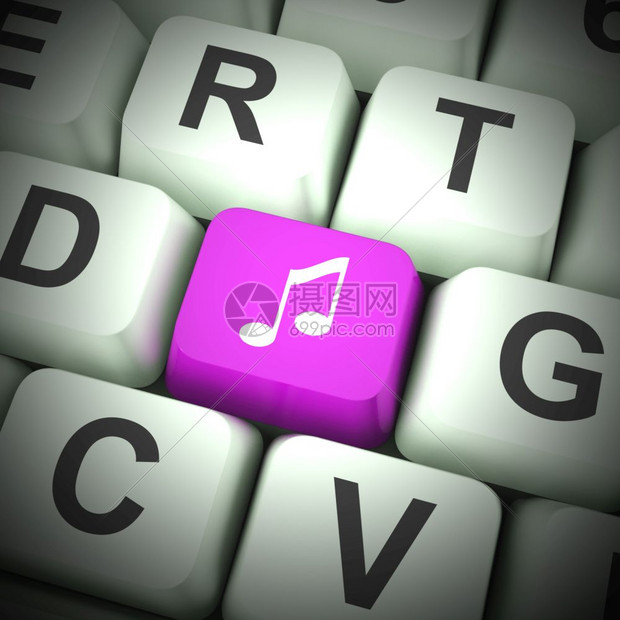 音乐概念图标意指歌唱或词数字多媒体收听或流传在线调子3d插图音乐符号计算机键在蓝显示线音频或电台中图片