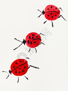 奶油纸上手工绘画用石墨E风格红色和黑水彩绘制的3只小虫图片