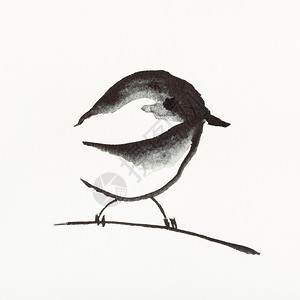 以水彩漆色涂料suiesuibukuga风格的训练教学树枝上的麻雀鸟是用奶油纸手工画的图片