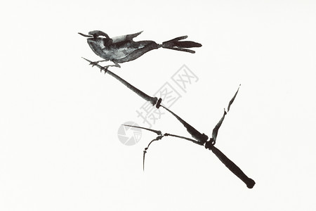 以水彩油漆方式用色涂料Sumiesuibukuga风格的训练教学上的鸟是用奶油纸手工画的图片